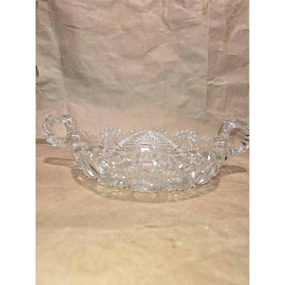 Vintage Imperial Nucut 2 Handled Crystal Bowl Dish Saw Tooth Edge